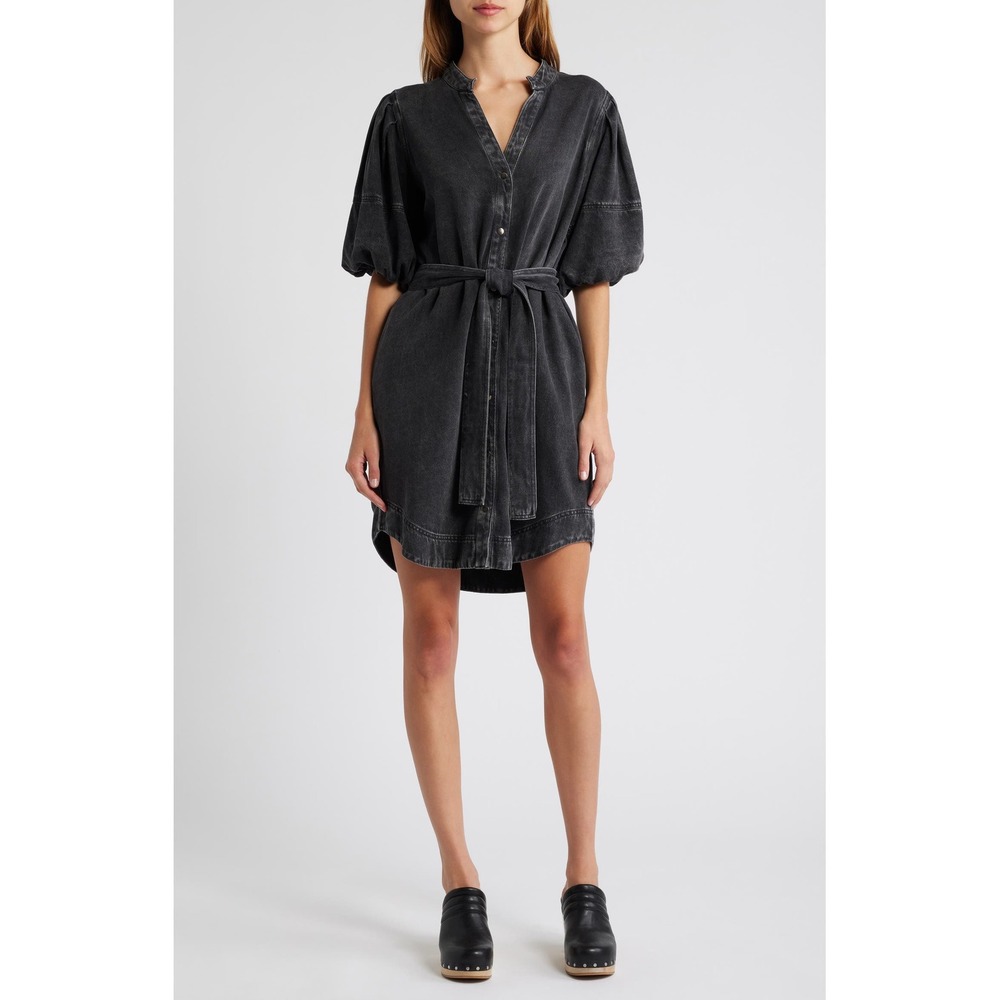 Rails | Kingsley Denim Snap-Up Dress XS Black Puff Sleeve Belted Mini
